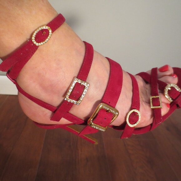TABITHA SIMMONS Red Suede High Heel Buckle Design Sandals - Picture 13 of 14